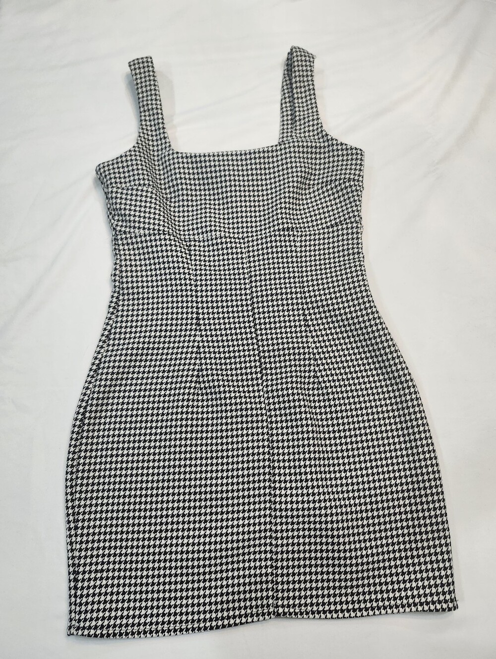 H&M Black and White Houndstooth Square-Neck Mini Dress